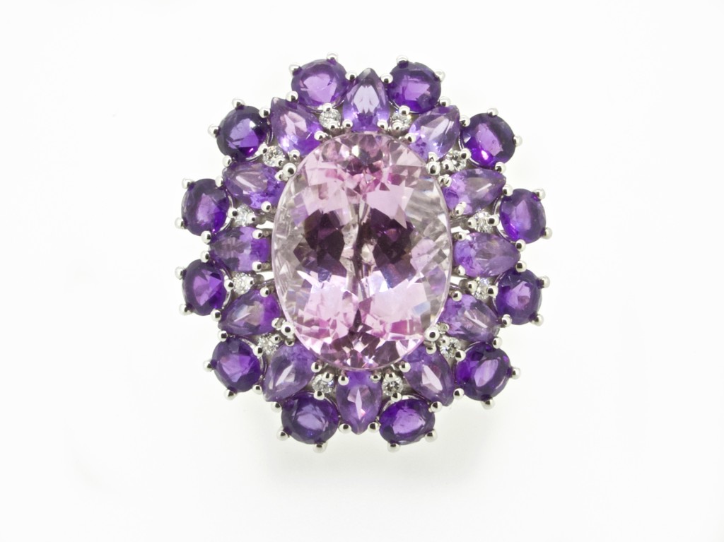 Kunzite ring with amethyst and diamonds