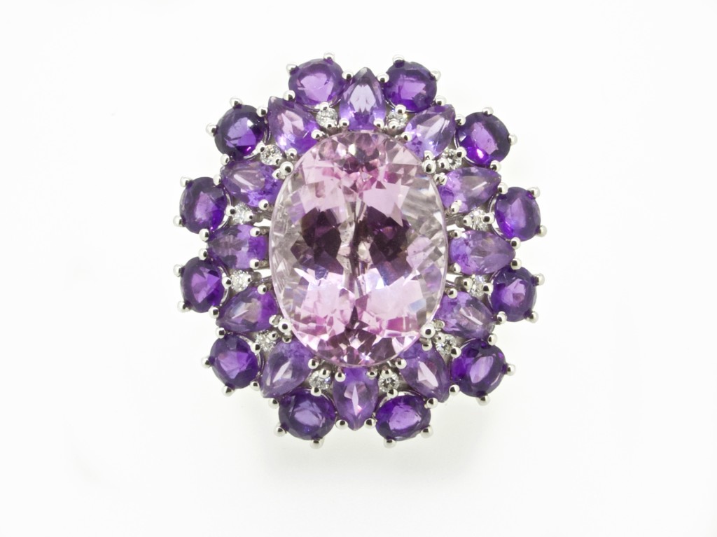 Kunzite ring with amethyst and diamonds